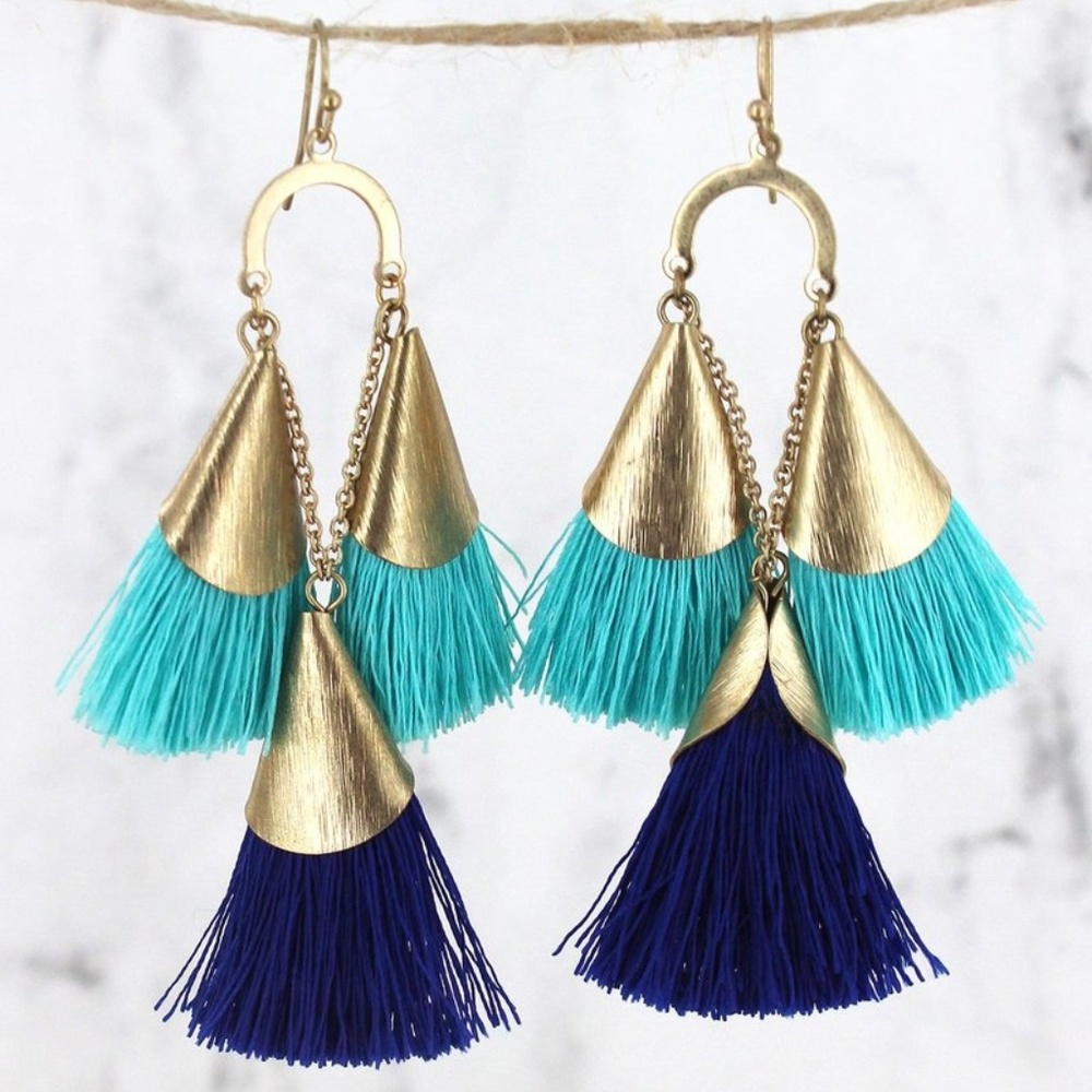 Aqua & Navy Tassel Statement Earrings